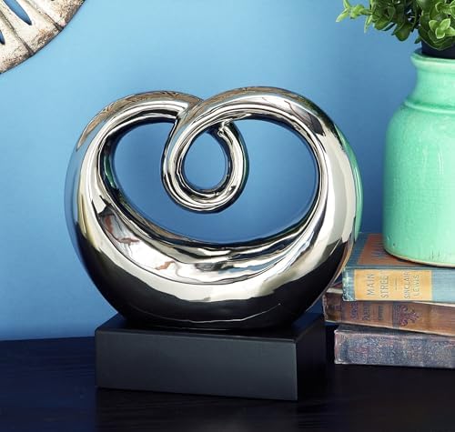 Deco 79 Ceramic Abstract Heart Sculpture with Silver Plating and Black Base