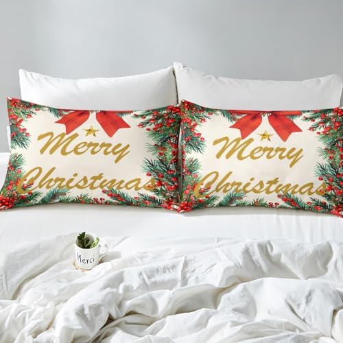 Homewish Merry Christmas Fitted Sheet Twin Size with Pillowcase
