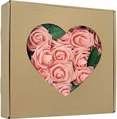Greenco 25 Artificial Pink Roses with Leaves for Weddings and Parties