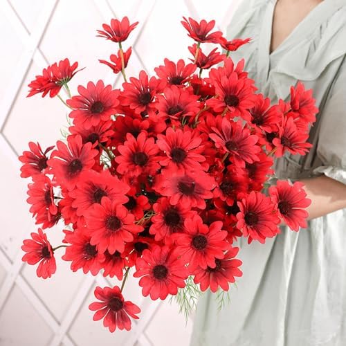 15 Bundles Artificial Red Daisy Flowers UV Resistant