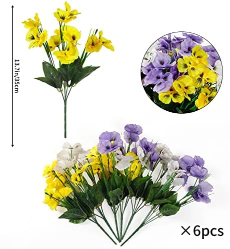 TOCHGREEN Artificial Pansies Set 6 Bundles UV Resistant Outdoor Flowers