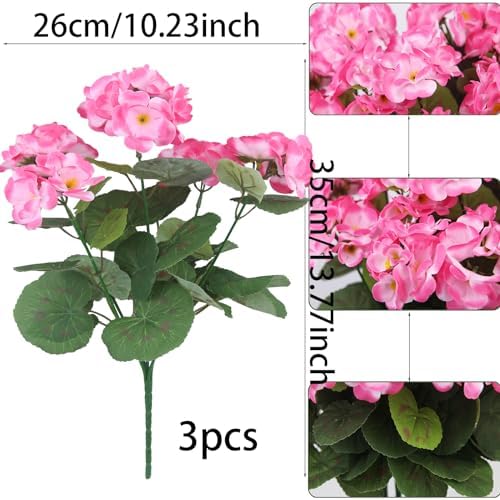 3 Pcs Artificial Pink Geraniums for Garden Decor