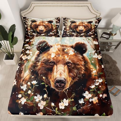 Homewish Bear Print Fitted Sheet Twin Size with Pillowcase