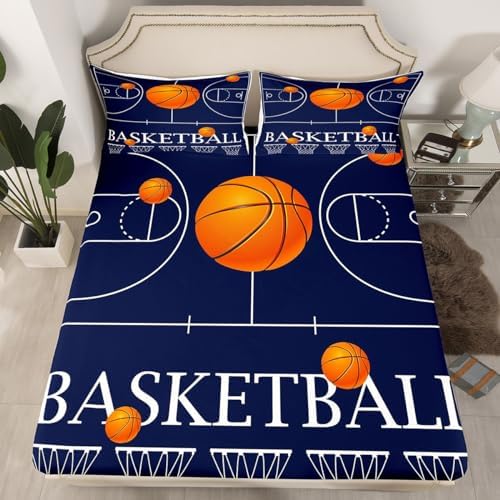 Castle Fairy Basketball Fitted Sheet Twin Size Navy Blue