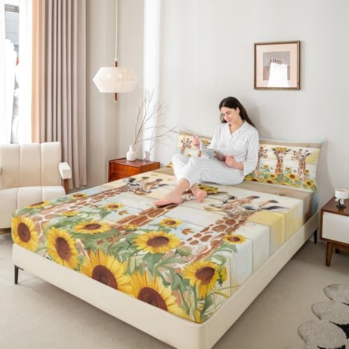 Castle Fairy Cartoon Giraffe Fitted Sheet Set Twin Size Yellow Sunflower