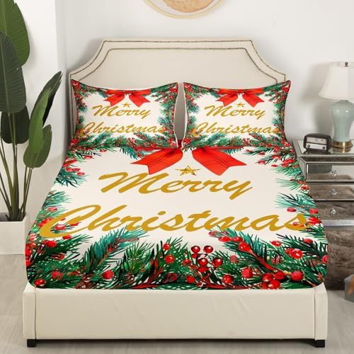 Homewish Merry Christmas Fitted Sheet Twin Size with Pillowcase