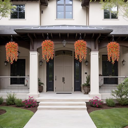 INXUGAO Artificial Hanging Flower Basket with Faux Silk Bougainvillea and Eucalyptus Leaves Orange