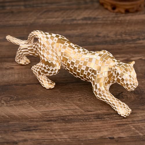 Gold Finish Cubist Cheetah Sculpture - Abstract Leopard Resin Art Statue 1