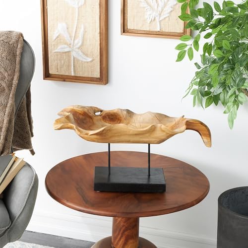 Deco 79 Teak Leaf Sculpture with Black Stand 21 x 11 x 10