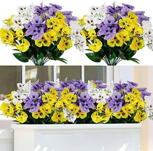 TOCHGREEN Artificial Pansies Set 6 Bundles UV Resistant Outdoor Flowers