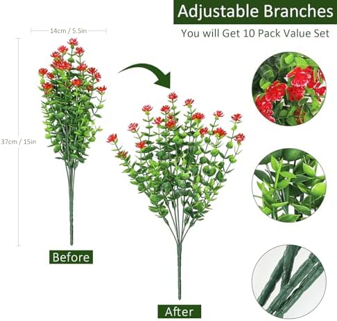 Dremisland 10 Bundles UV Resistant Artificial Deep Red Boxwood Flowers