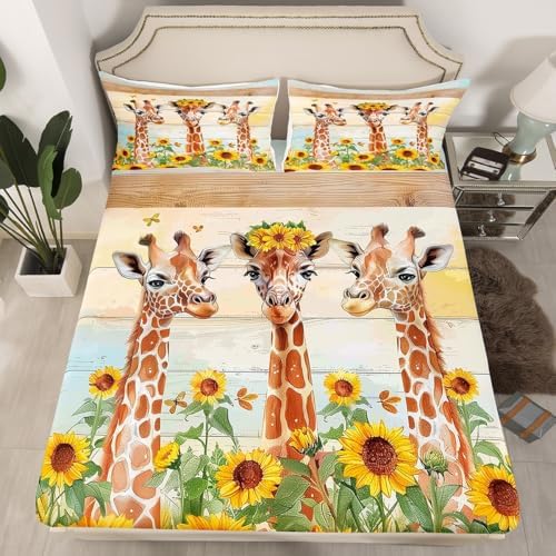 Castle Fairy Cartoon Giraffe Fitted Sheet Set Twin Size Yellow Sunflower