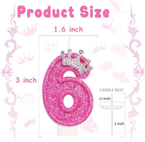ElekFX Birthday Candle with Crown Rose Design Number 6 3 Inch Tall