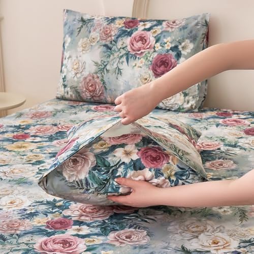 Huborise 100 Cotton Blue Floral Pillow Cases Set of 2 1929
