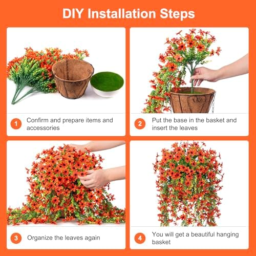INXUGAO Artificial Hanging Flower Basket with Faux Silk Bougainvillea and Eucalyptus Leaves Orange