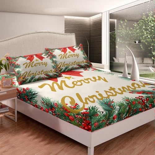 Homewish Merry Christmas Fitted Sheet Twin Size with Pillowcase