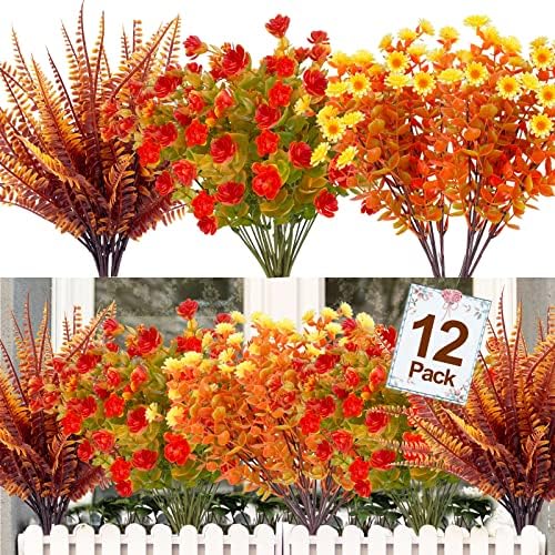 TURNMEON 12-Bundle Fall Artificial Flowers UV Resistant