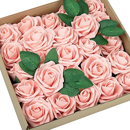 Greenco 25 Artificial Pink Roses with Leaves for Weddings and Parties