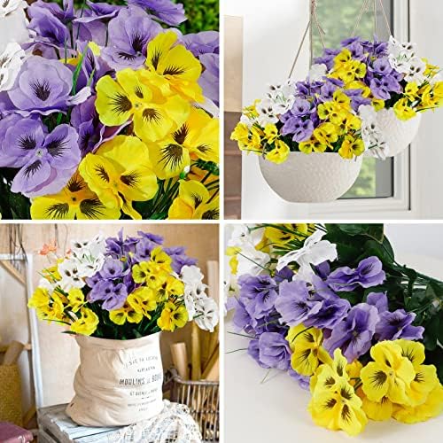 TOCHGREEN Artificial Pansies Set 6 Bundles UV Resistant Outdoor Flowers