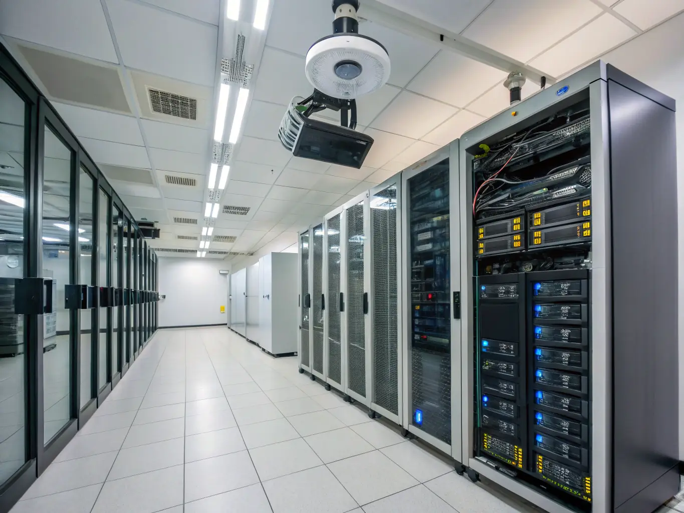 A professional photograph of a secure server room with blinking lights and visible security protocols, symbolizing data protection.