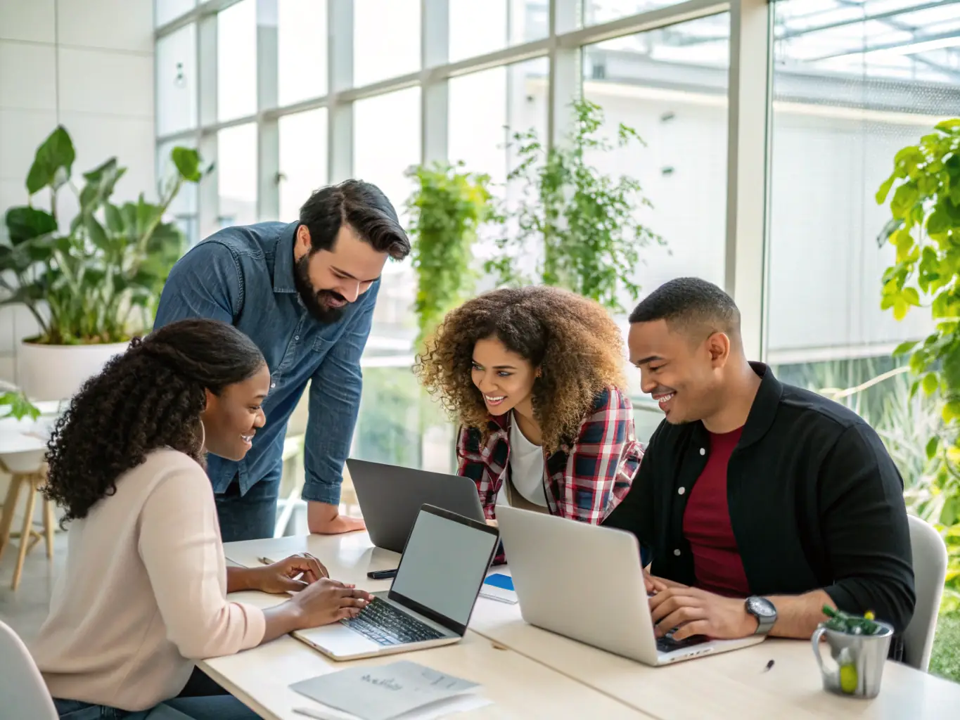 A diverse team collaborating around a table, brainstorming AI solutions with laptops and interactive displays.