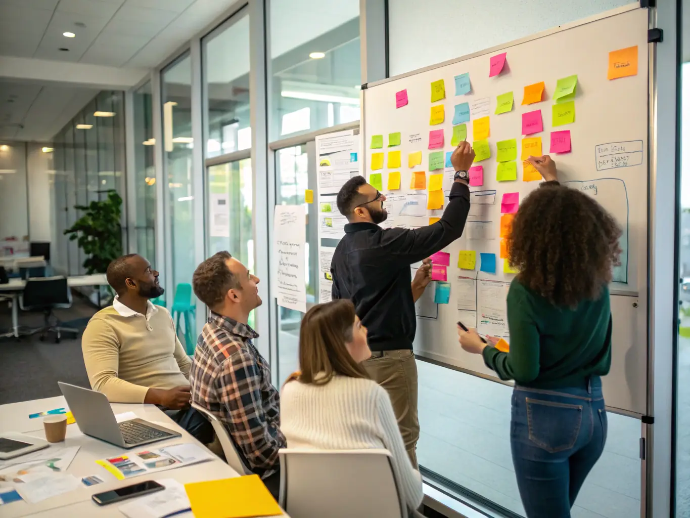 A dynamic image of a business team collaborating on a digital whiteboard, brainstorming ideas and mapping out a digital transformation strategy, in a bright and modern office environment.