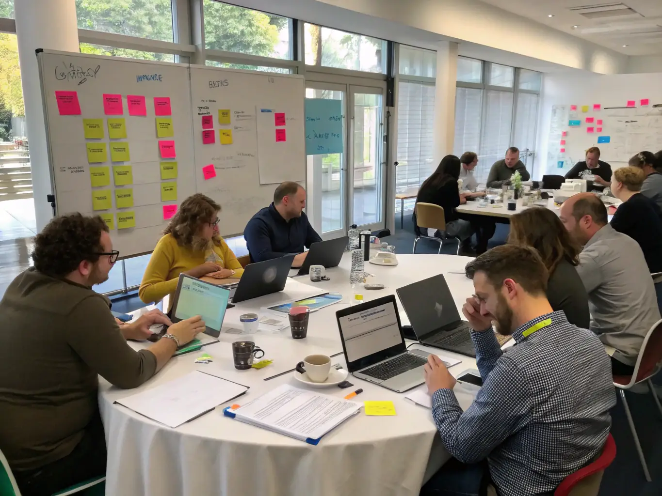 A workshop setting with participants actively engaged in discussions about digital transformation strategies.