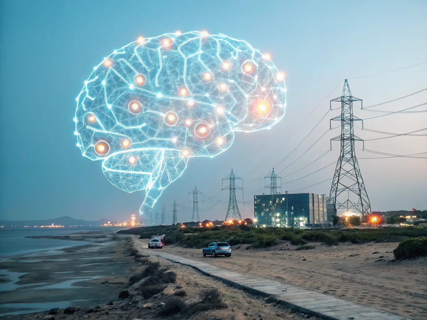 A futuristic image of an AI brain interface, with glowing neural networks and data streams, symbolizing advanced AI technology and its potential for business transformation.