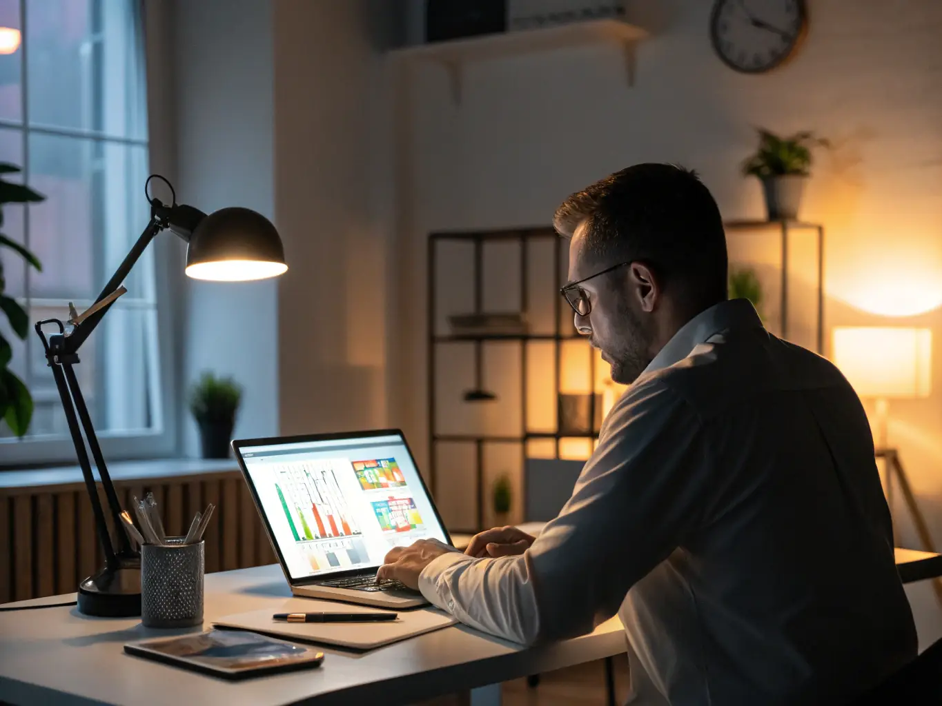 A professional consultant analyzing data on a laptop, with charts and graphs visible on the screen, in a modern office setting. The image should convey expertise and analytical skills.