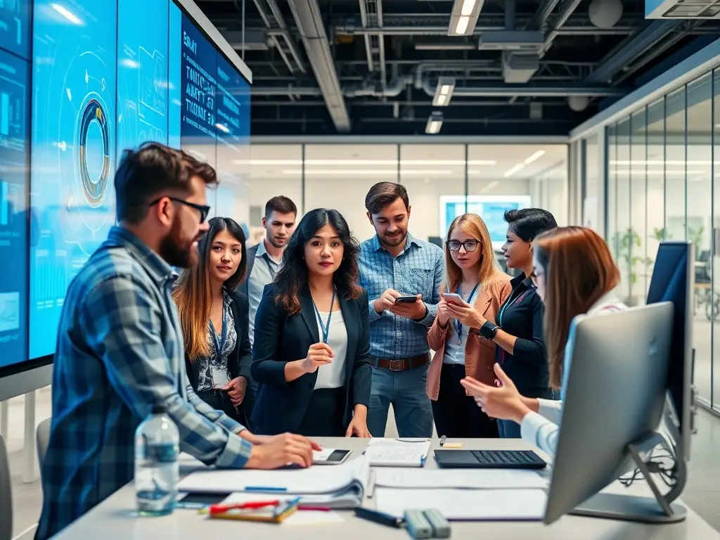 An image depicting a team brainstorming AI solutions in a modern office environment, symbolizing CipherHive's AI implementation strategies.